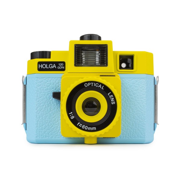 HOLGA 120 GCFN Kamera blau/gelb mit Blitz und Glas Objektiv